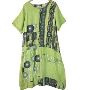 Made in Italy 100% Linen Patchwork Print Duster Dress Green Artsy Boho Oversized